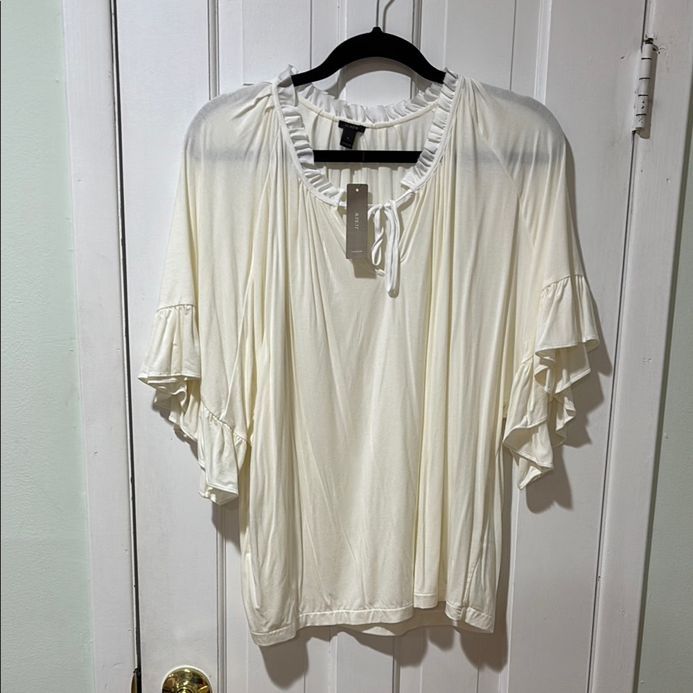 J. Crew Cream Ruffled Blouse with Flutter Sleeves